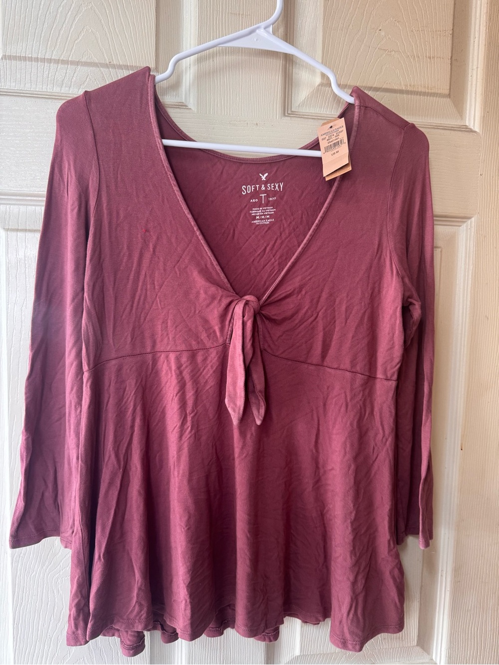 American Eagle Outfitters Rose Mauve Tie-Front V-Neck Long Sleeve Tunic